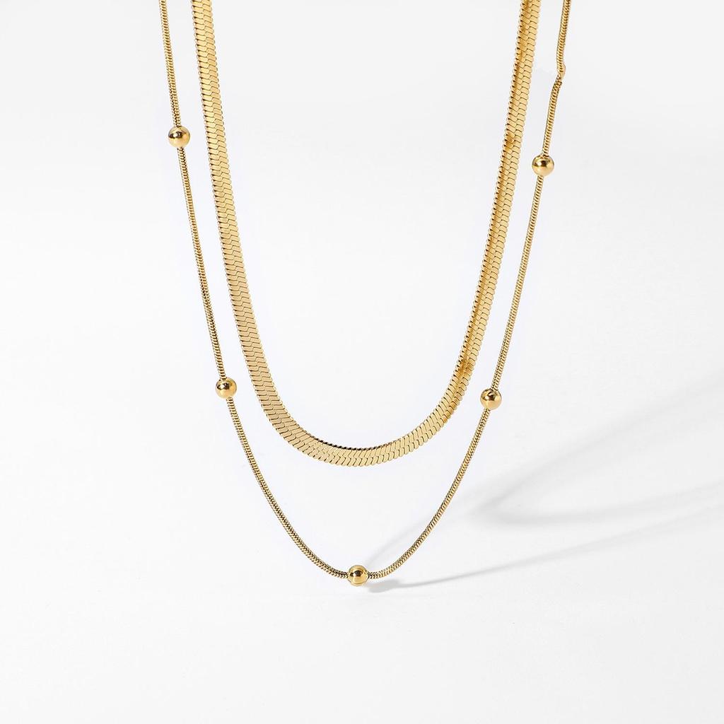 European & American Minimalist Round Bead Layered Snake Chain Necklace – Women's Light Luxury Stainless Steel Clavicle Chain