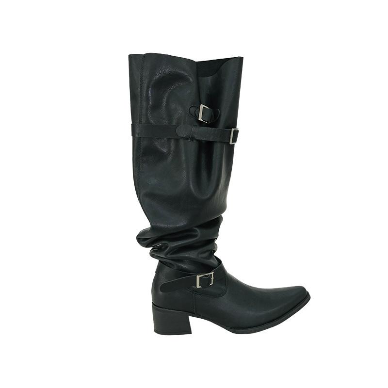 Cowhide Version of Super Fire Boots Women's Pants Tube Boots Thick Heel Black But Knee Pile Boots Big Tube Circumference High Heel Knight Boots