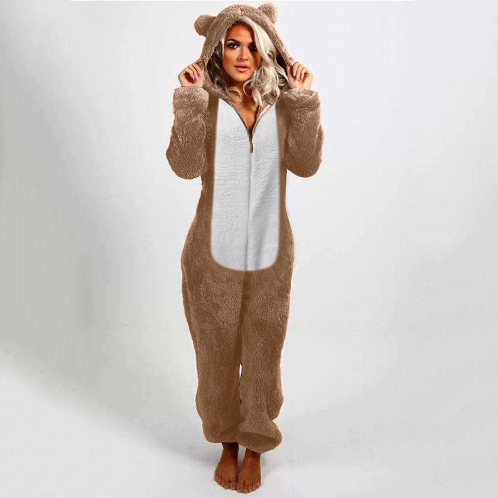 

Women s Fashion -Lined Thickened Hooded Pyjamas With Zip-Up Onesie L хаки
