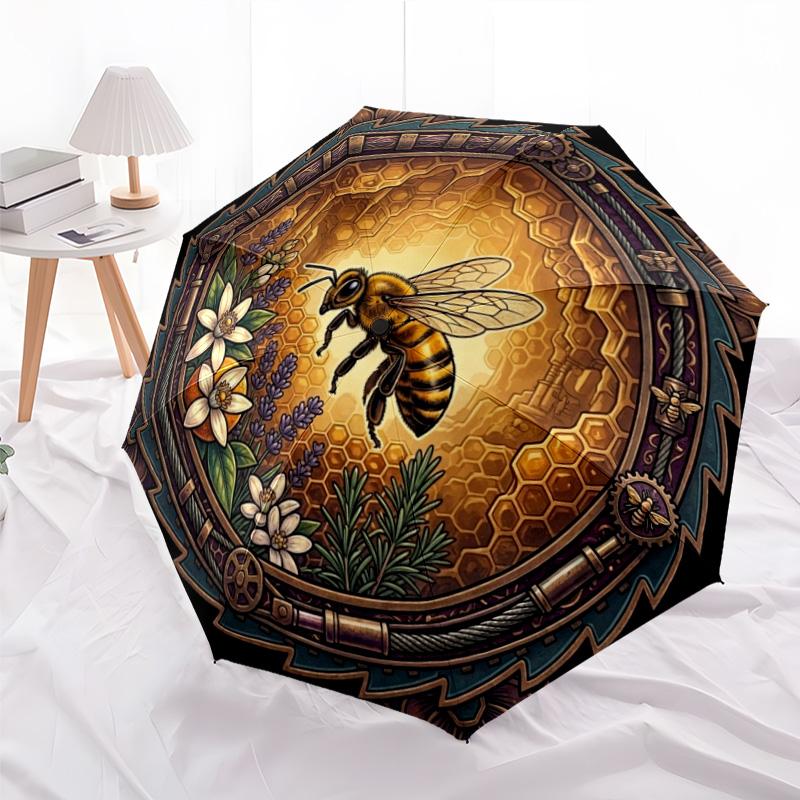 Bee Honeycomb Garden Emblem pattern umbrella, portable and foldable design, 8 ribs, a casual accessory for Halloween, Christmas, and birthday gifts.