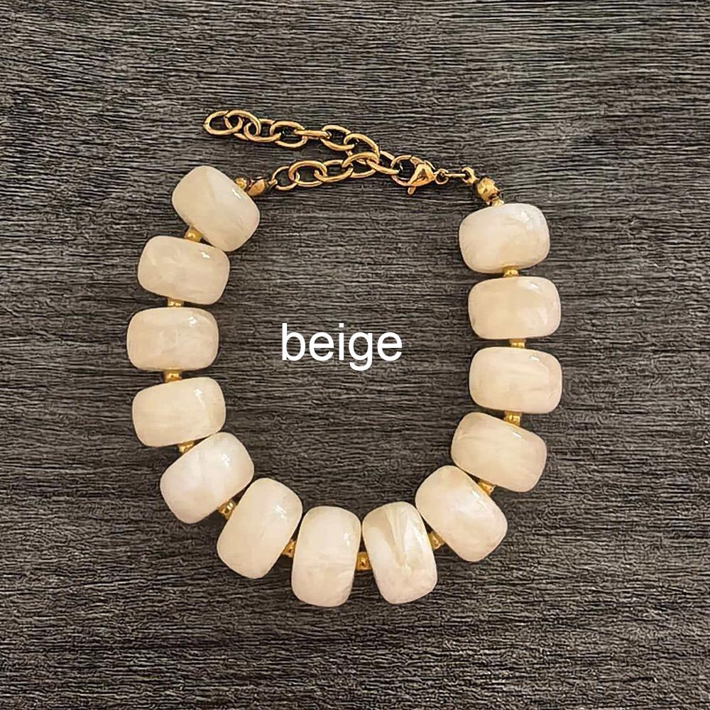 Round Resin Bracelet Women Statement Big Barrel Beads Stainless Steel Waterproof Thick Geometric Gold PVD Beige Coffee