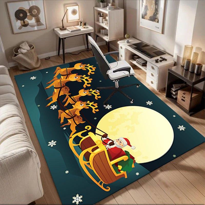 Christmas Santa Claus Reindeer Sleigh Moon Snowflake Night Scene PosterOffice Mat Perfect for Home Decor Office Desk Chair Rugs Chair Carpet 60cm by 90cm