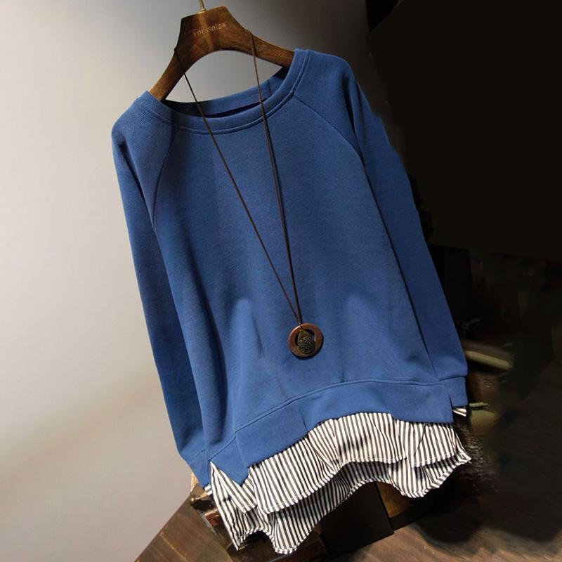 Lockeres Sweatshirt für Damen, Herbst, Fake-Zweiteiler, gestreift, Hunderte von mittellangen, lässigen Rundhals-Tops