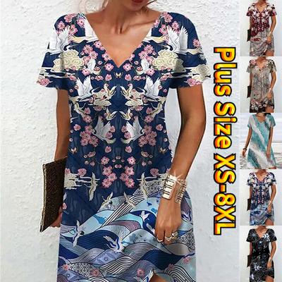 Summer Fashion V-neck Dress Ladies Short Sleeve Blue Openwork Flowers Printed Dress Loose Casual Dress for Women