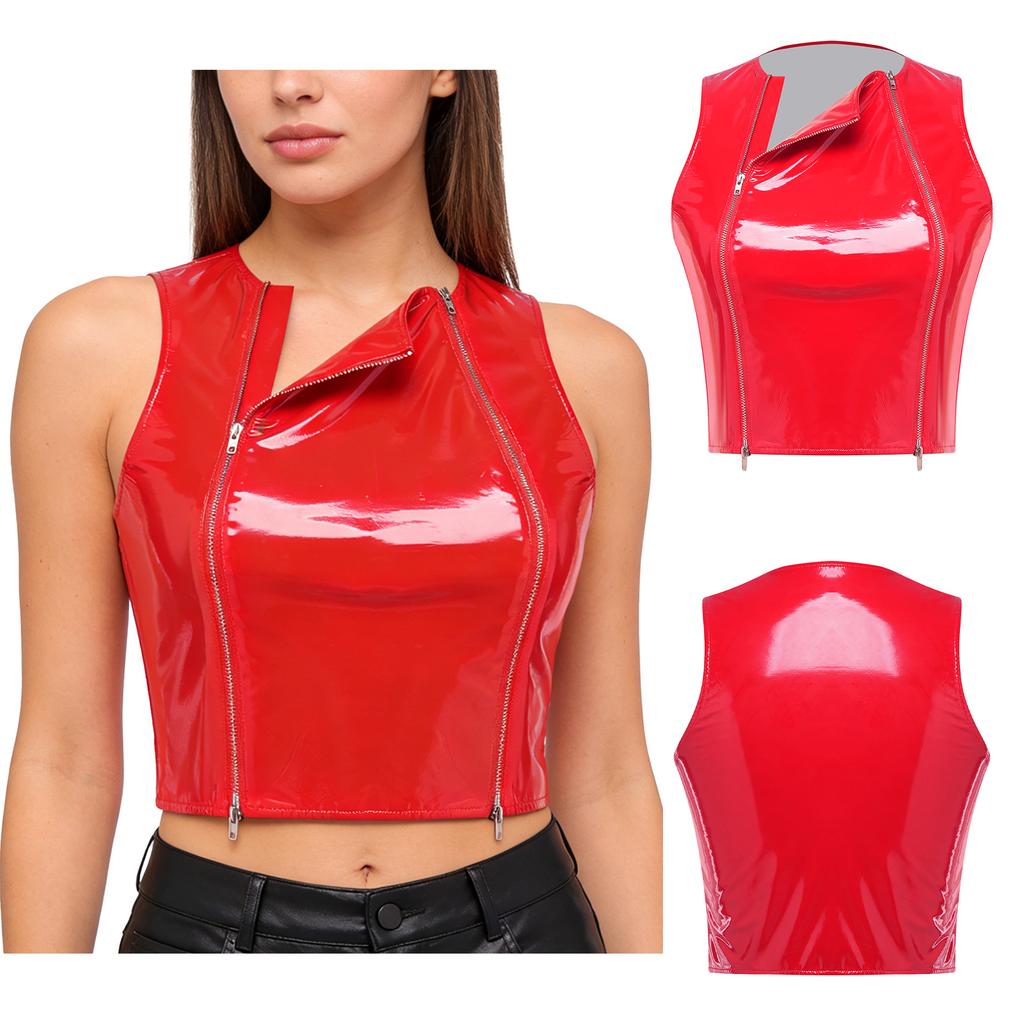 Ladies Glossy PU Leather Crop Top S-3XL Front Double Zippers Sleeveless Slim Tank Top for Club Rave Party Nightwear