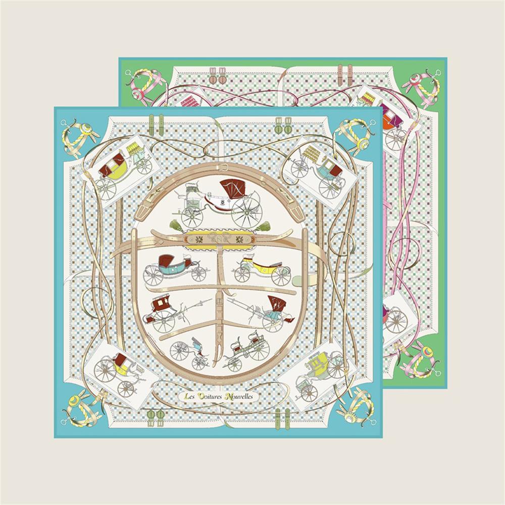 POBING Hand Rolled Twill Silk Scarf Women Horse Carriage Double Print Square Scarves Wraps Echarpes Foulards Femme Hijab 90CM