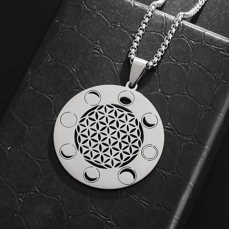New Simple Hollow Flower of Life Mandala Moon Phase Sacred Geometric Sweater Chain Flower Necklace Jewelry