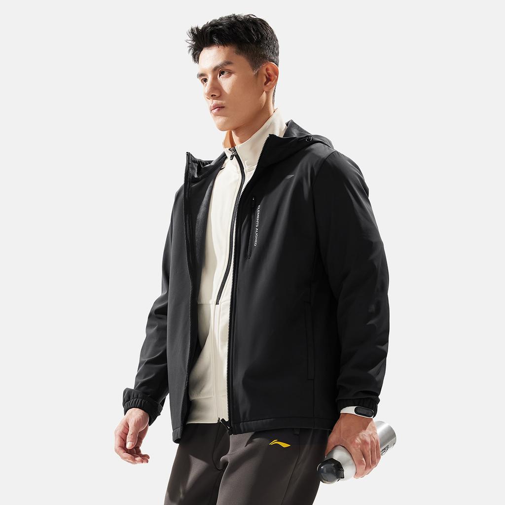 Li-Ning Water-Resistant Solid Color Hooded Fleece Long Sleeve Windbreaker Men Outerwear Black AFDU861-1