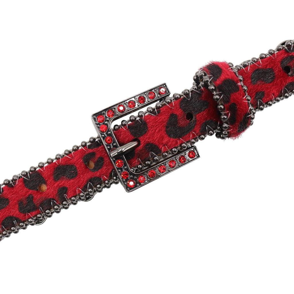 Leopard Print Women's Belt with Skull Design and Rhinestone Pin Buckle - Hip Hop Nightclub Style