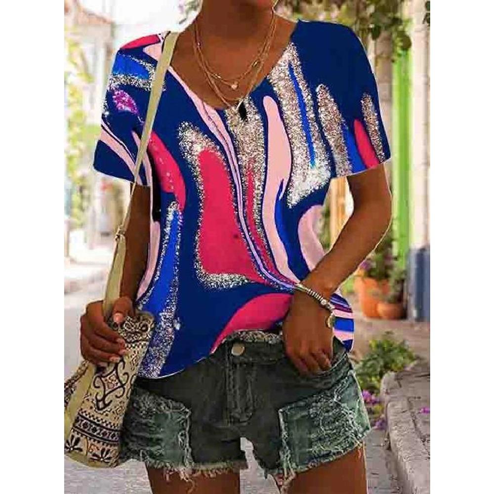 T-shirt da donna retrò casual nera moda scollo a V pullover manica corta stampata larga top quotidiano