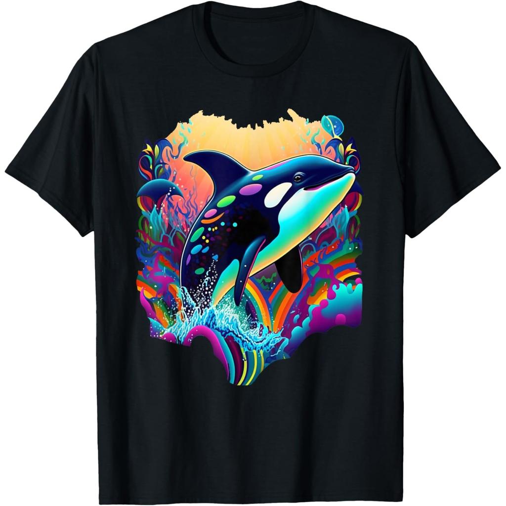 Colorful Orca Graphic Tee Artistic Killer Whale Print Men's Round Neck Casual T-Shirt