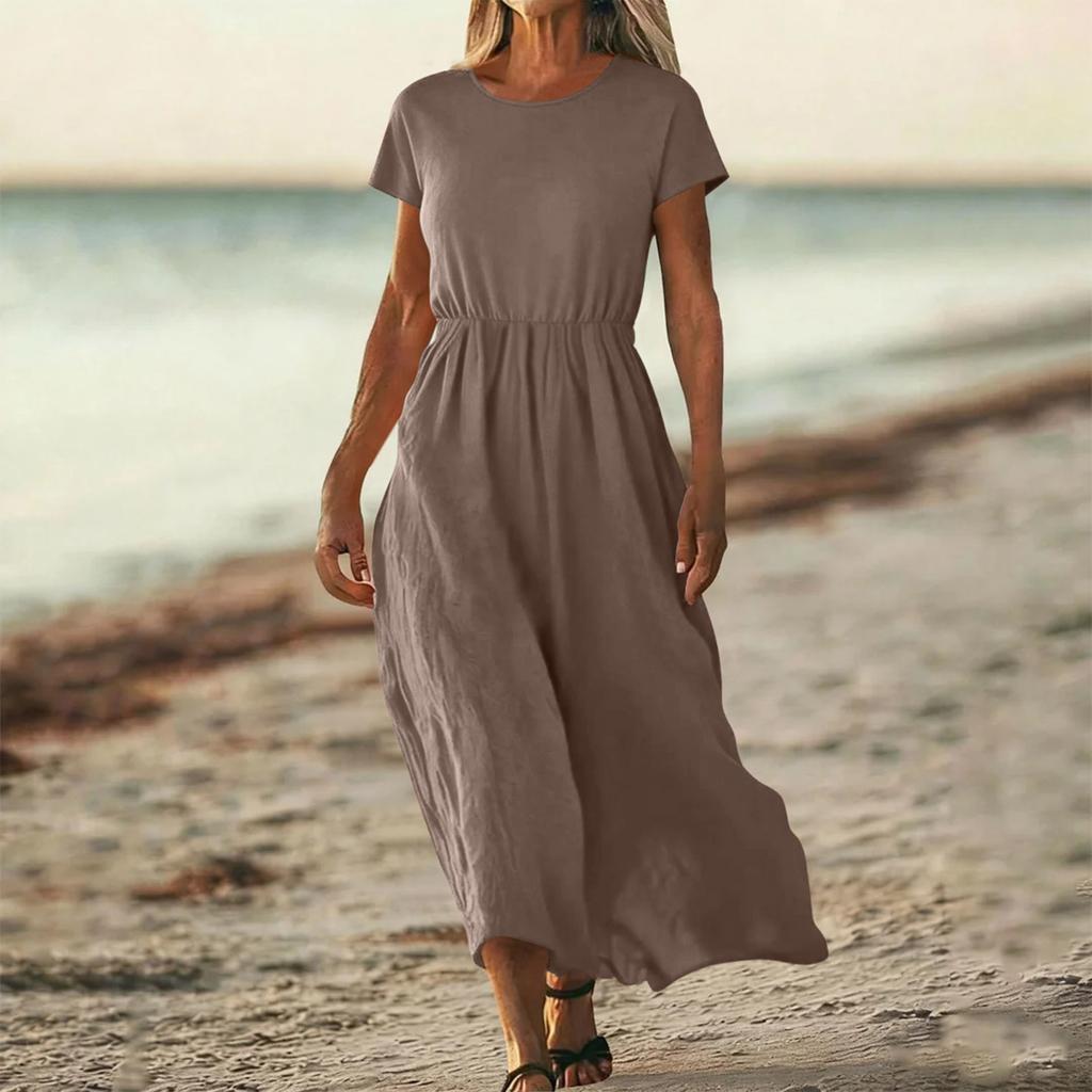 O-Neck Dress For Women Casual Comfy Cotton Linen Short Sleeve Tunic Beach Dresses With Pockets