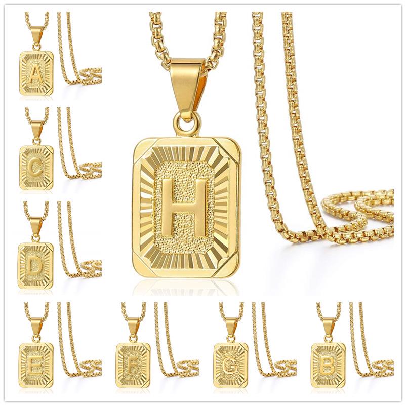 European Retro 18K Stainless Steel Unisex Pendant Necklace with Pearl and 26 English Letters Square Plate
