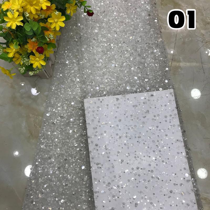1 Yard Luxury African Heavy Bead Lace Sequins Fabric For Diy Sewing Wedding Party Dress Sparkly Transparent Tulle Lace Fabric