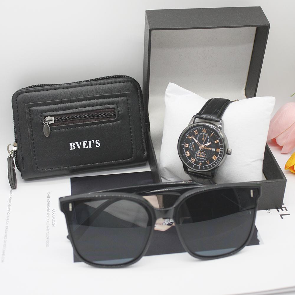 3pcs Set Quartz Wrist Watches Leather Pouch Men's Sunglasses Original Classic Personality Temperament Men's Watch for Outdoors