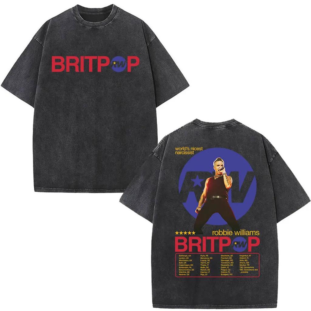 Vintage Washed Robbie Williams BRITPOP Tour 2026 Double Sided T Shirt Men's Women Clothing Fashion High Quality Cotton T-shirts
