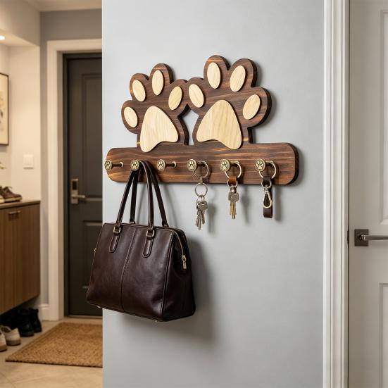 Wall Hook with Dog Paw Shape Key Holder Wood with Anti-Rust Metal Hooks Organizer for Keys Pet Leashes Scarves Small Items