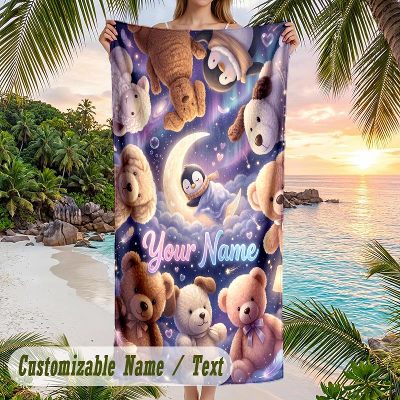 Teddy Bear Theme Beach Towel Personalized Custom Name & Text Soft Quick Dry Beach Towel for Swimming Travel