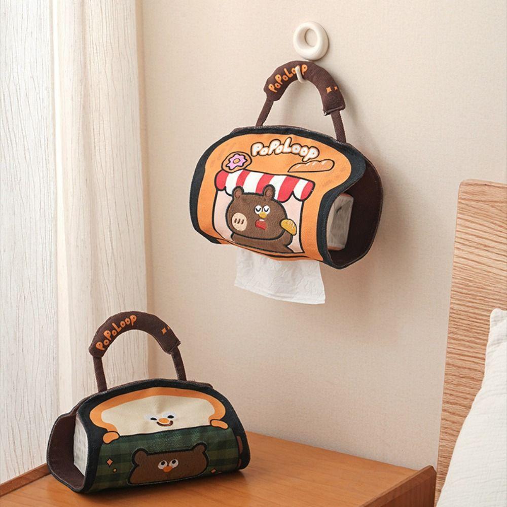 Universal Hanging Toilet Paper Holder Dust-proof Canvas Tissue Holder Cute Bear Reusable Napkin Dispenser for Car Use