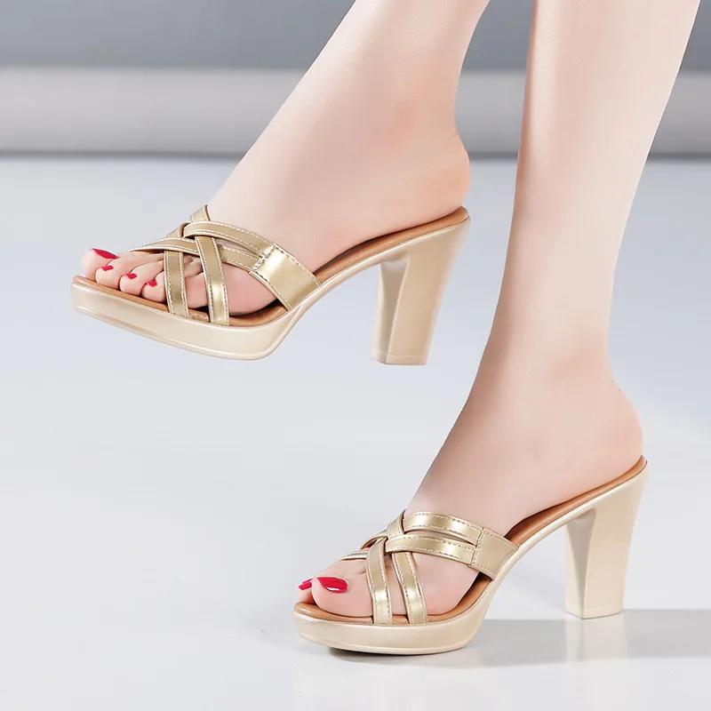 8cm 10cm Small Size 32-43 Elegant Soft Leather Slippers Platform Shoes 2025 Women's Block High Heels Slides Office Model Mom