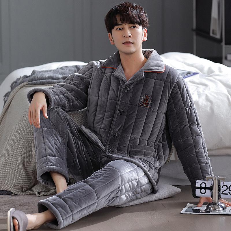 

Пижама мужская зимняя трехслойная утепленная флисовая термокуртка осень-зима коралловый флис зимний домашний комплект 3XL