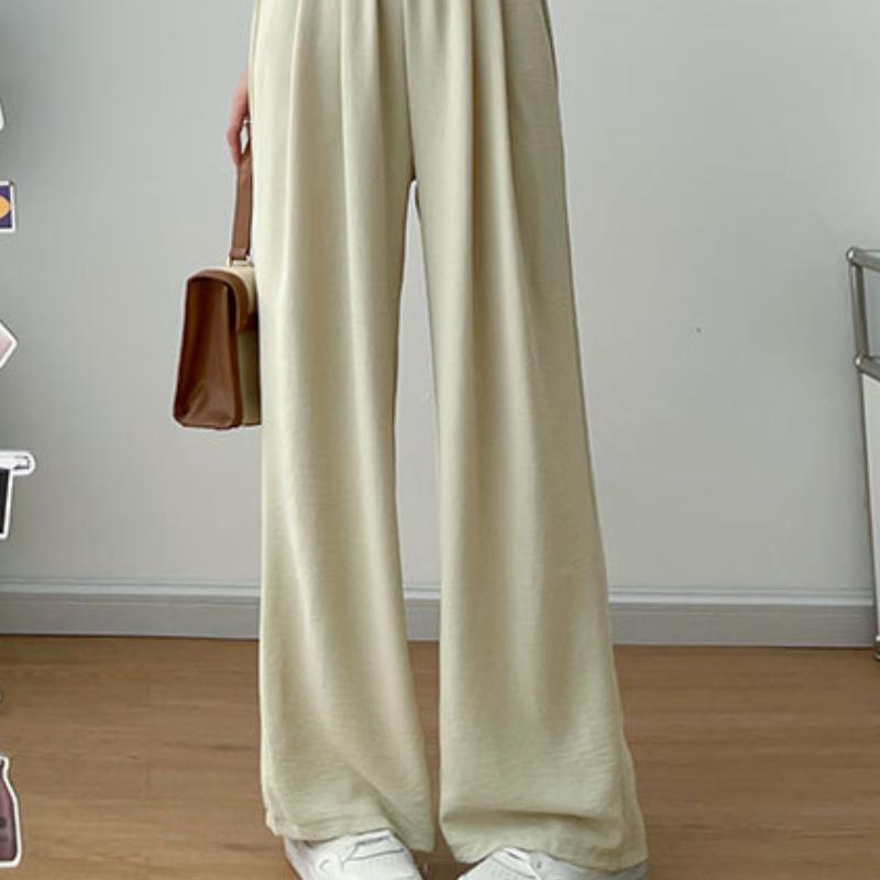 Women's Summer Lightweight Milk Apricot Wide-Leg Pants High-Waisted Loose Lazy Style Casual Long Trousers