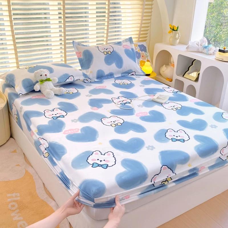 Cartoon Style Rabbit Fitted Sheet Set Skin-friendly Breathable Non-slip Bed Cover with 2 Pillowcases Bedding Set for Boys Girls