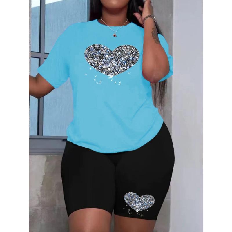 Übergröße Damen Sommer Diamant Liebe Druck Premium Bequemes T-Shirt Zweiteiliges Set