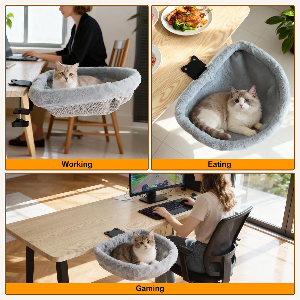 Cat Desk Bed One-Click Folding Sunken Design Space-Saving Semi-Circular Cat Desk Hammock Perch For Home Office Indoor Cats