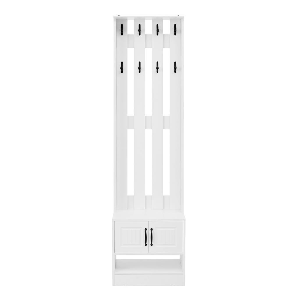 Panca portascarpe, armadietto per scarpe, mobili per corridoio, con 2 ante, con pannello posteriore con 8 ganci, bianco, L50/P36/A190cm(L×P×A)