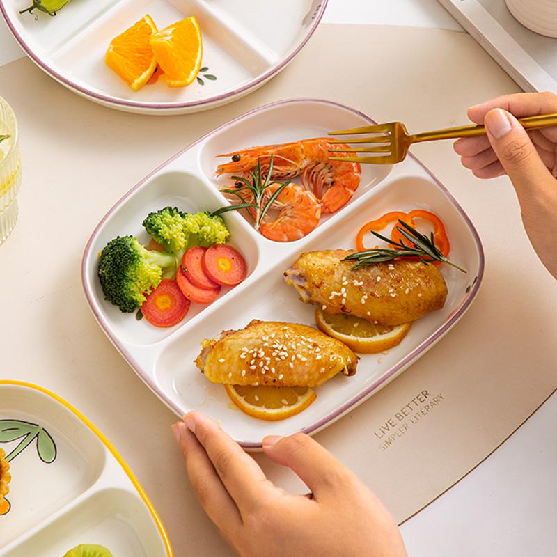 Three Dividing Plate Ceramic Household Japanese New High Aesthetic Plant Print Dining Plate Popular Adults Loss Weight Tableware