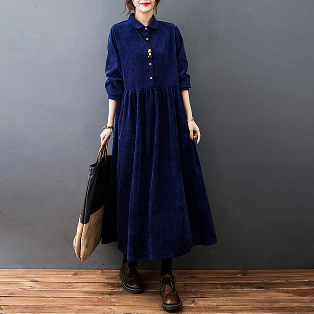 Corduroy Shirt Loose Long Maxi Plus Solid with Pockets [YYQ-SHOP] Women's Dress, Fit, Sleeves, Length, Spring, Autumn, Winter, Sizes, A-Line,
