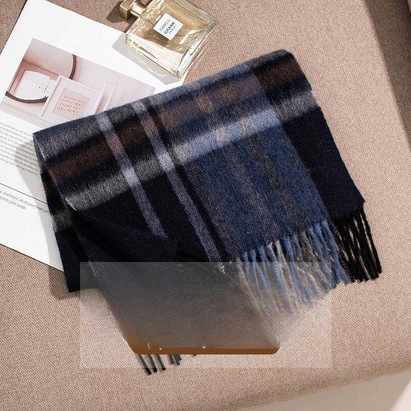 Korean Atmosphere Scarf Pure Cashmere Blue Plaid Scarf for Men Winter High End Cashmere Scarf for Women