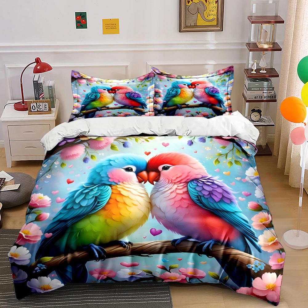 Two Lovebirds In Love Flowers Pattern Duvet Cover Set Digital Print Polyester Bedding with Zipper Closur for Kids Gifts