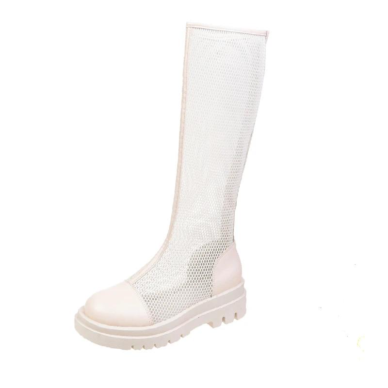 Fashion Breathable Knit Line Women's Mesh Boots Middle Follow Round Head Summer Knee High Boots Sandal Boots Sandalias De Mujer