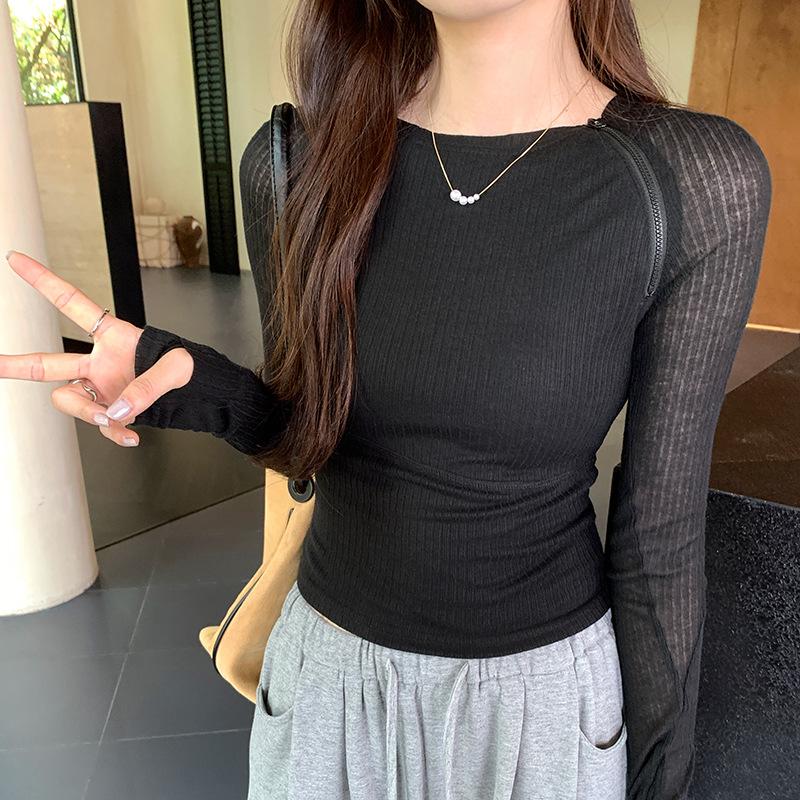 

Боковая молния с перегородкой, тонкая полосатая горячая женская футболка с длинными рукавами для женщин, весенний и корейский стиль, шикарный короткий топ в стиле маленького аромата XL