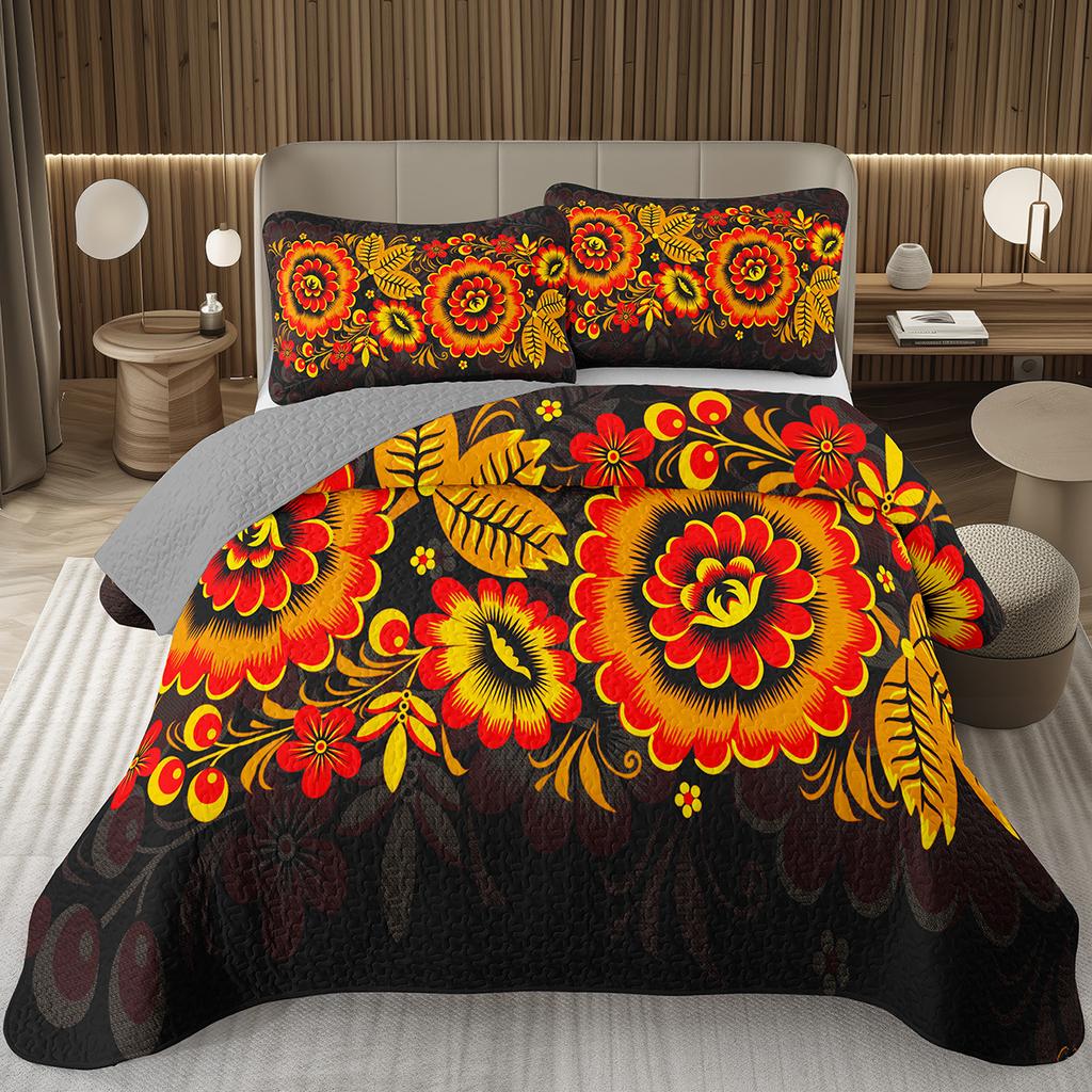 Boho Floral Bedspread Queen/Twin Luxury European Damask Paisley Pattern - Classic & Gorgeous Coverlet Reversible Grey Quilt Set