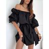2025 European and American Fashion Casual Solid off-Shoulder Waist Hugging One Piece Dress Women Clothing