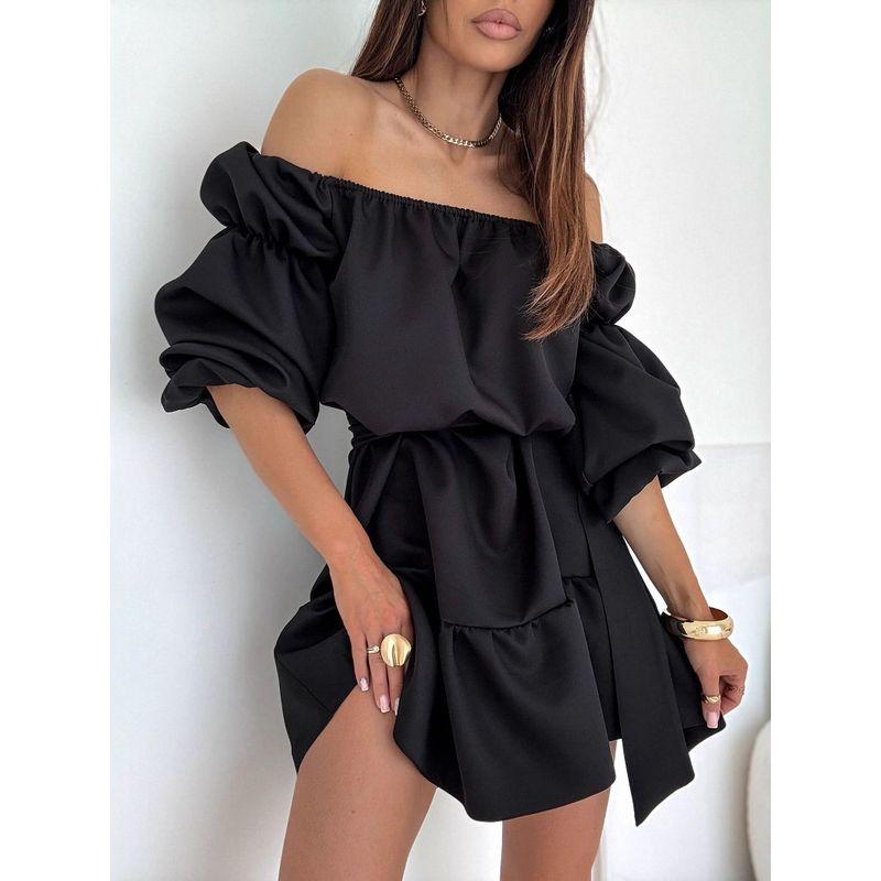 2025 European and American Fashion Casual Solid off-Shoulder Waist Hugging One piece Dress Women clothing