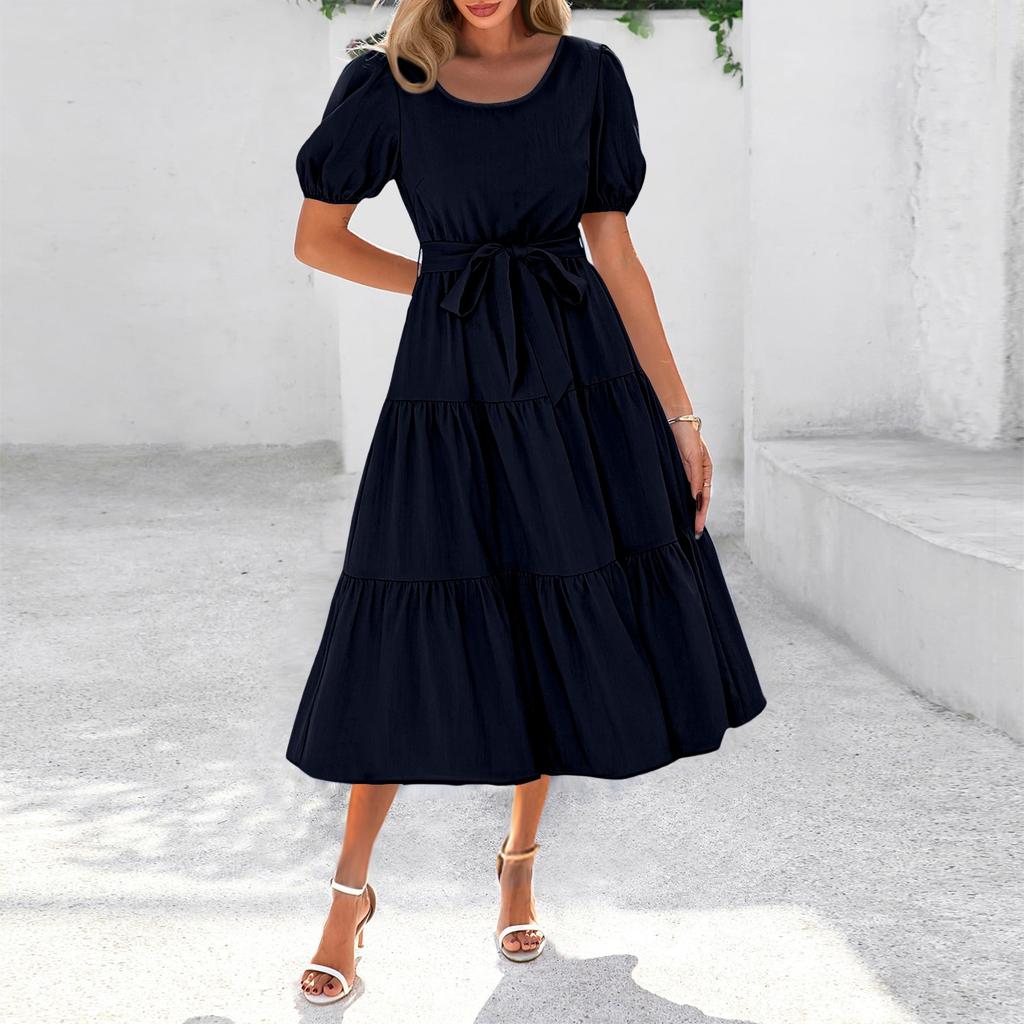 Women's Summer Solid Color Short Sleeve Round Neck Waistband Bohemian Flowy Layered Maxi Dress With Pockets