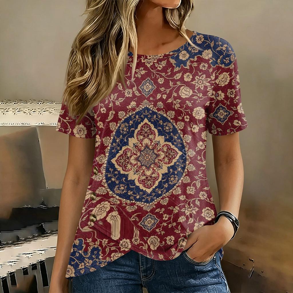 Women’s Round Neck Short Sleeve Top with Floral Print and Button Casual Loose Fit T Shirt Blouse for Daily Wear