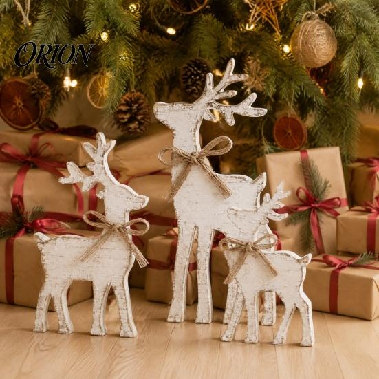 Christmas Elk Tabletop Decor 3Pcs/Set Wooden Table Sign, Rustic Reindeer Family Decoration, Decorative Sign Jute Rope Bow Centerpiece for Xmas Holiday