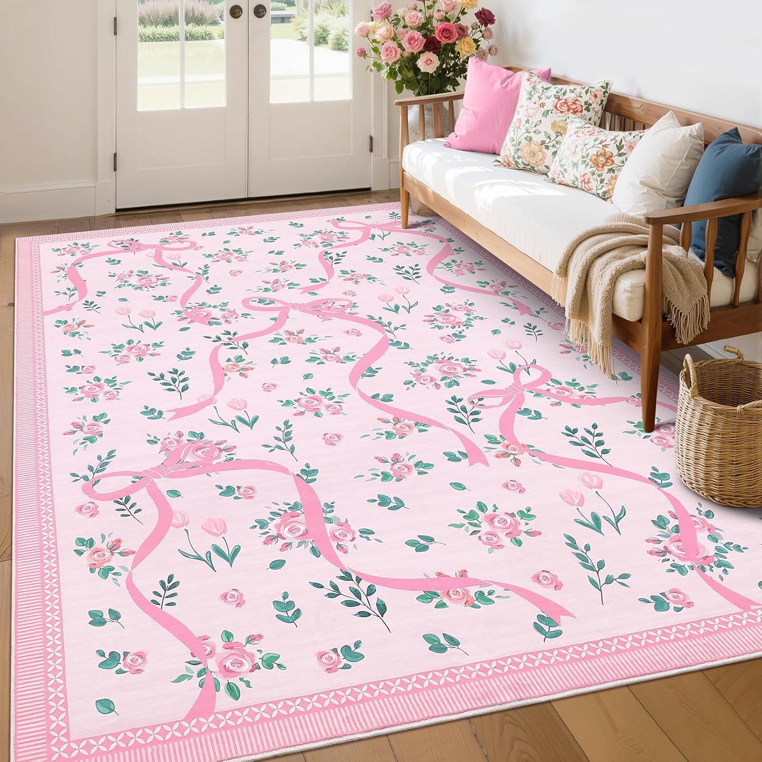

Pink Bow Floral Rug Multicolor Girls Bedroom Mat Living Room Carpet Office Garden Patio Balcony Floor Decor Hallway Rug 40x60cm
