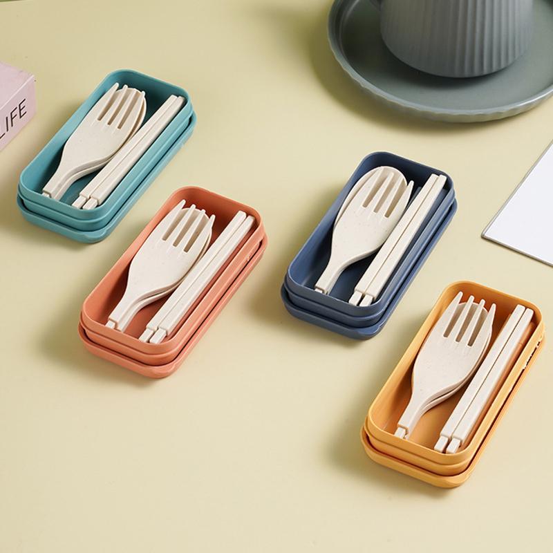 Japanese-Style Wheat Straw Cutlery Set Knife Fork Spoon Chopsticks - Three-Piece Folding Portable Cutlery