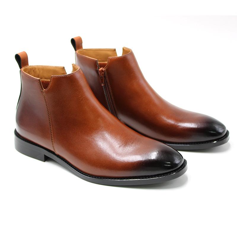 Square-headed Chelsea boots men's leather Martin boots side zipper British style casual mid-top leather shoes platform short boots men