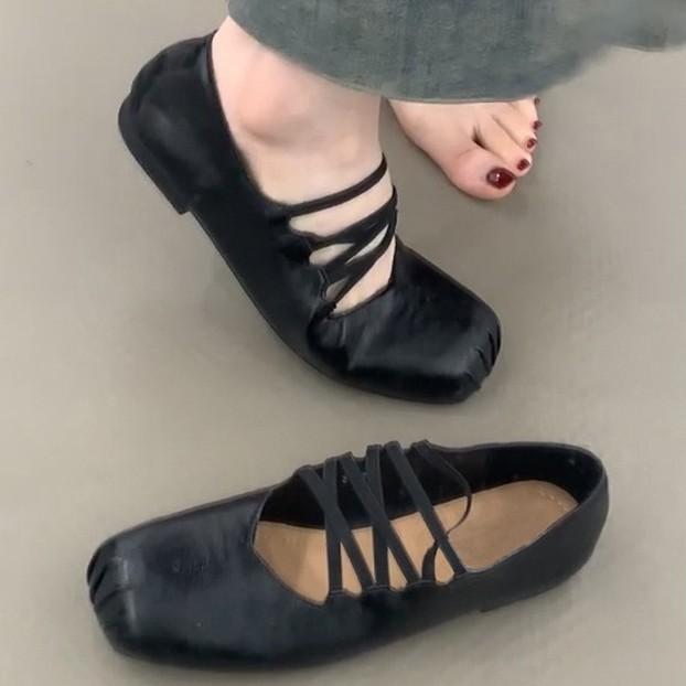 Cowhide Version French Square Head Cross with Pig Nose Mary Jane Shoes Children's Flat-soled Single Shoes Shallow Mouth Soft-soled Ballet Shoes