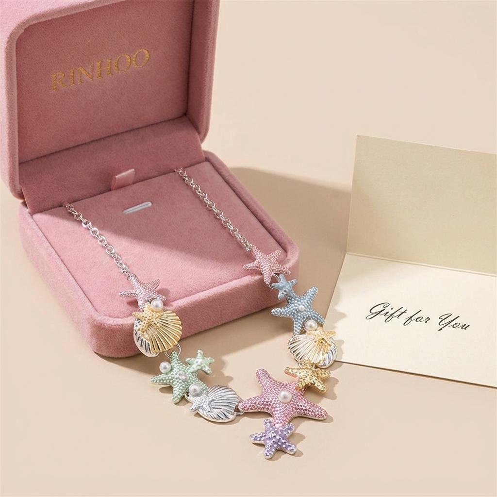 Summer Beach Colorful Vibe Starfish Shell Necklace for Women Imitation Pearl Choker Clavicle Chain Holiday Party Jewelry Gift