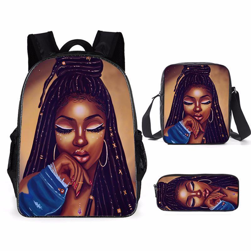 Cartoon African Girl Schoolbag, Primary And Secondary School Backpack, Backpack Three-Piece Set
