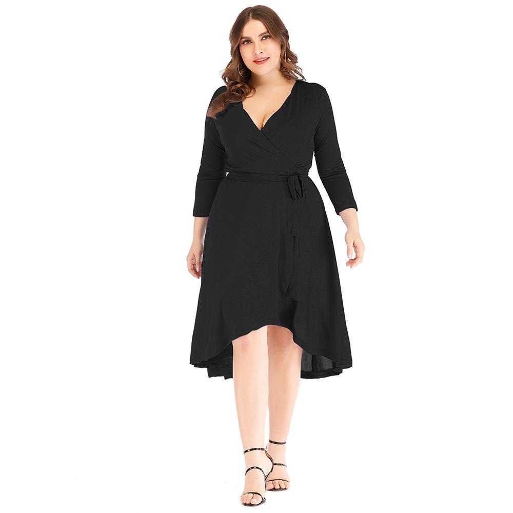 Frühling/Sommer, V-Ausschnitt, großes Damenkleid, einfarbig, langärmeliges Hüftkleid