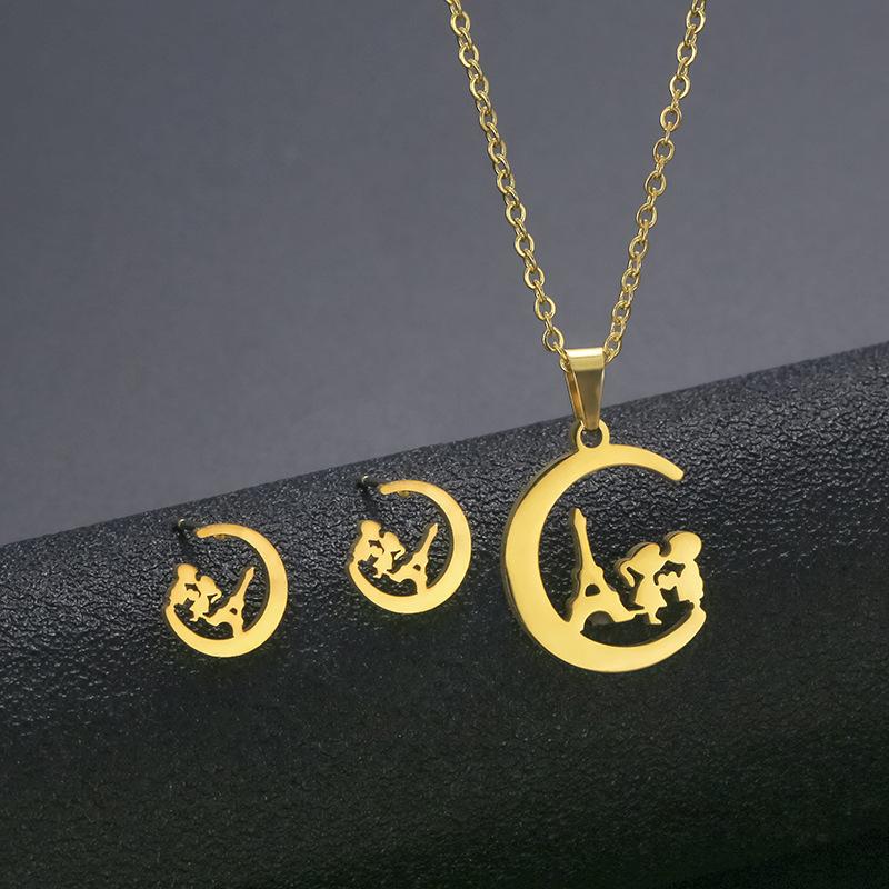 Gold Color Cute Animal Footprints Earrings Set Dog Cat Footprints Paw Necklaces Pendants Women Stainless Steel Zircon TZ329